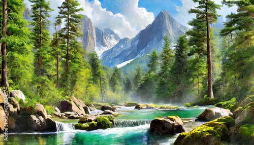 Towering evergreens, a gentle river, moss-covered rocks, and distant mountain ranges contribute to a serene outdoor scene.