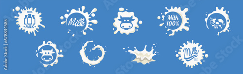 White Milk Splash on Blue Background with Text Vector Set
