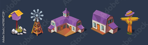 Post Box, Windmill, House and Scarecrow Game Isometric Element Vector Set
