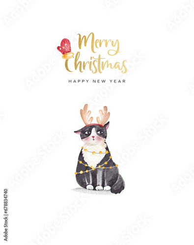 Merry Christmas and Happy New Year card. Watercolor illustration of cat and presents on the white background. 