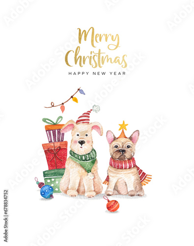 Christmas watercolour greeting card with watercolor illustrations of dogs and presents on the white background. Hand drawing illustrations. Merry Christmas and Happy New Year card.