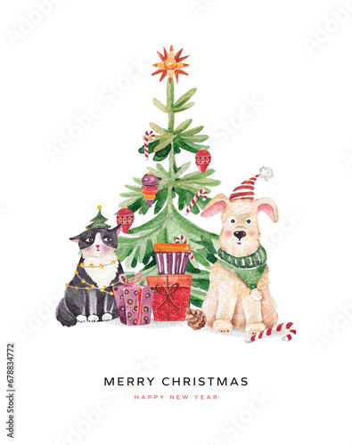 Christmas watercolour greeting card with watercolor illustrations of dog, cat and presents, Christmas tree on the white background. Hand drawing illustrations. Merry Christmas and Happy New Year card.