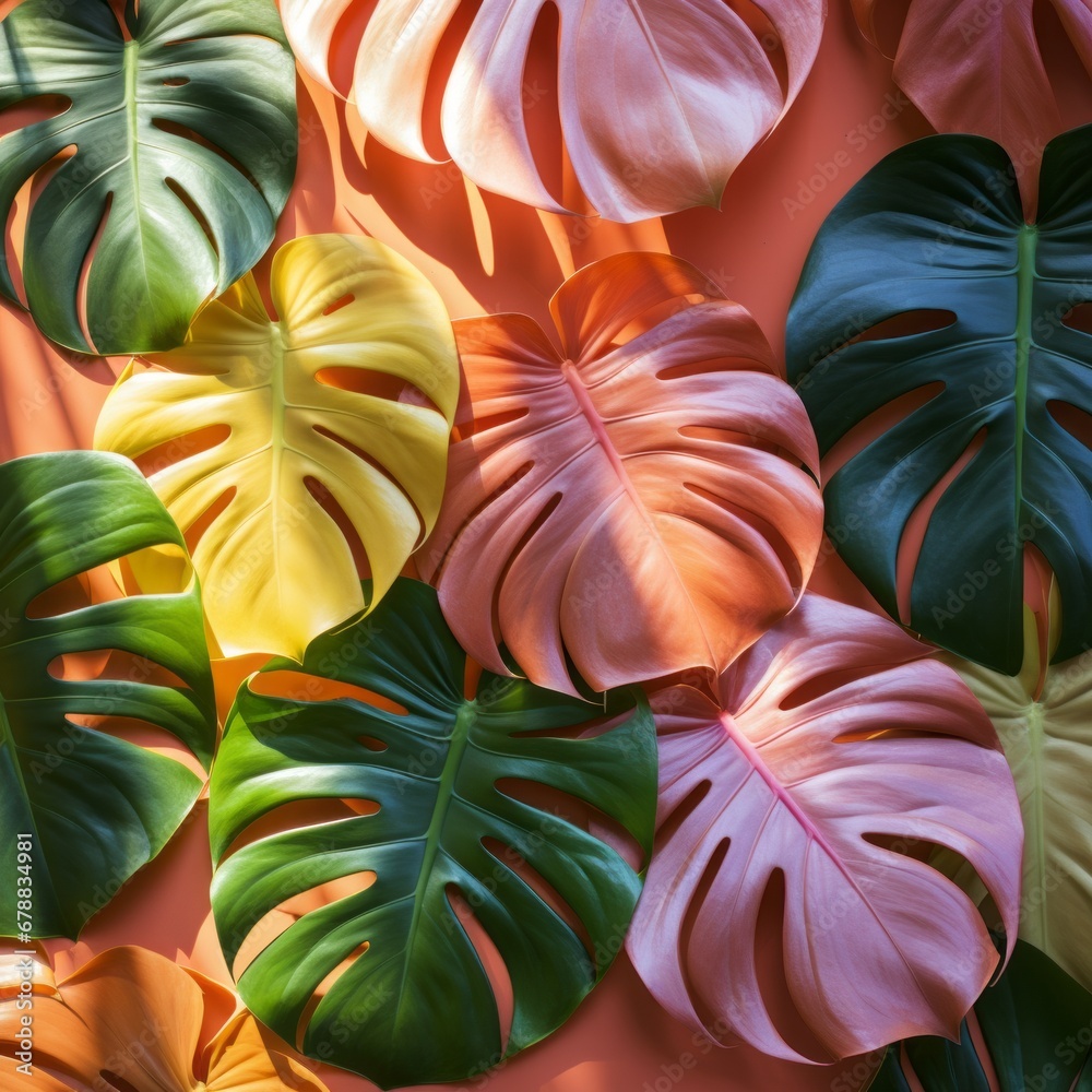 Tropical elegant background with monstera leaves on a colorful background Tropical elegant background with monstera leaves on a colorful background