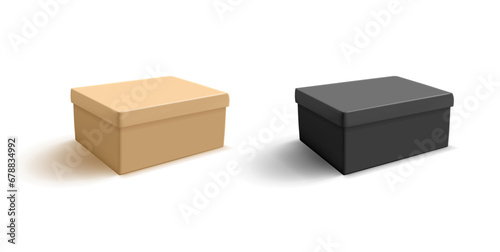 Set of 3D boxes for shoes and other goods. Realistic illustration of closed boxes for branding and selling products. Black and brown packaging.