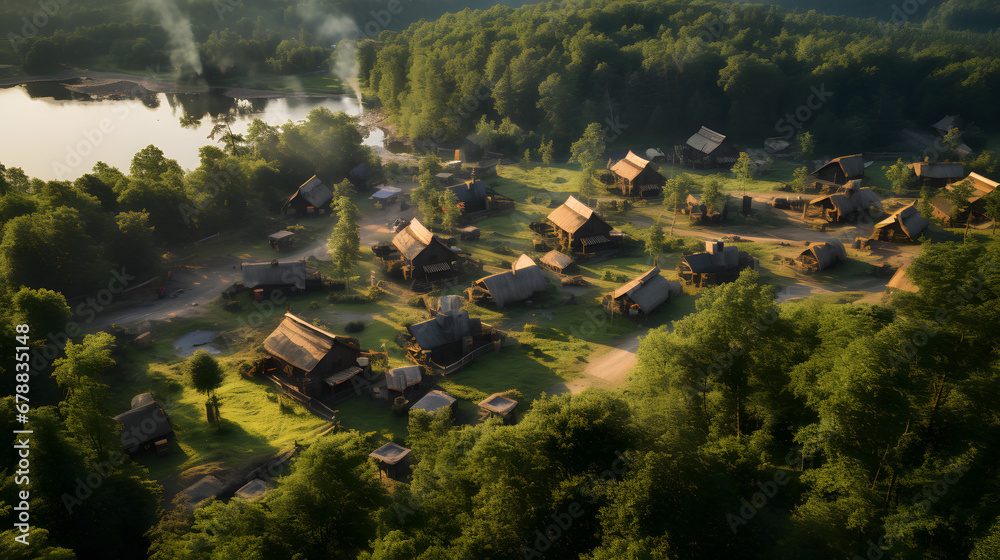 Aerial view of tiny home village in nature - obrazy, fototapety, plakaty 
