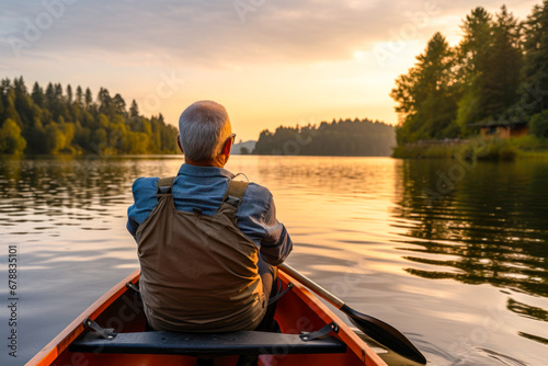 Rear view of retired older man enjoying a peaceful moment while canoeing or kayaking on calm waters during late afternoon or dusk. A serene scene, contemplative solitude and tranquility © MVProductions
