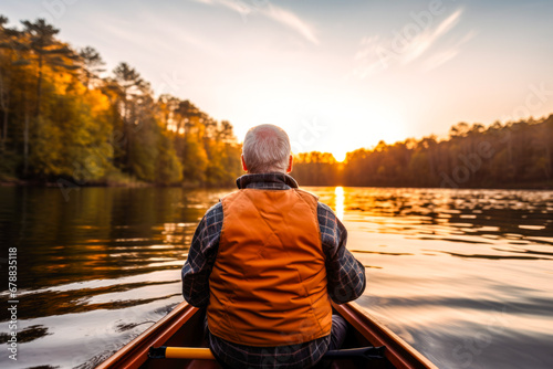 Rear view of retired older man enjoying a peaceful moment while canoeing or kayaking on calm waters during late afternoon or dusk. A serene scene, contemplative solitude and tranquility © MVProductions