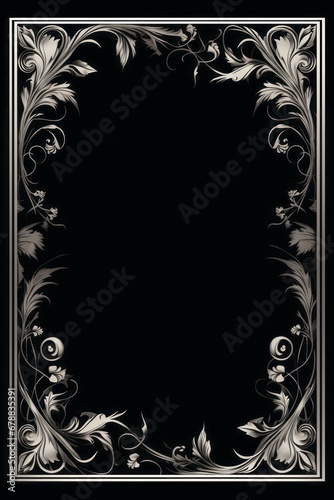 graphic vertical frame, silver, flowers, black background, cornice argentata decorata verticale rettangolare dorso carta cartolina copertina libro