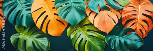 Tropical elegant background with monstera leaves on a colorful background