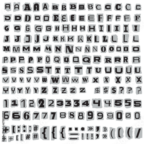 Ransom black font. Anonymous cutout notes. Paper Cut out ransom Blackmail Note Font. Blackmail Ransom Kidnapper criminal Latin Letters, Numbers, punctuation symbols. Collage style ransom letters
