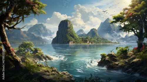 Tropical landscape. Panorama of karst mountains and sea