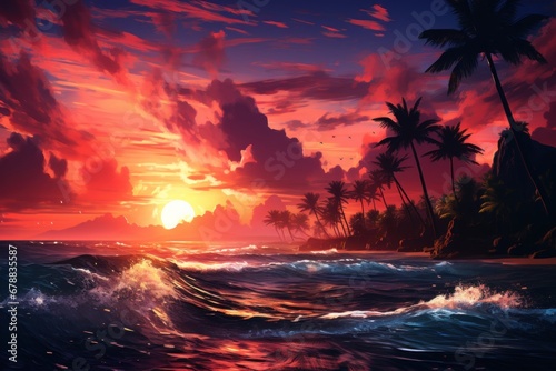 Tropical sunset with palm trees and sea waves