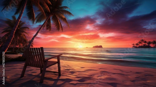 Wooden chair on a tropical beach at sunset