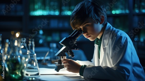 Young scientist looking through microscope in laboratory. Science and education concept