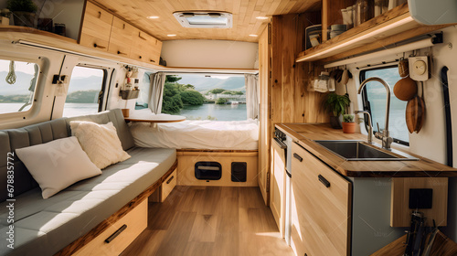 Compact living space in converted van interior