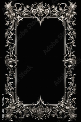 graphic vertical frame, silver, flowers, black background, cornice argentata decorata verticale rettangolare dorso carta cartolina copertina libro