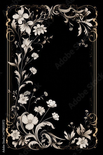 graphic vertical frame, white, flowers, black background, cornice fiori bianchi decorata verticale rettangolare dorso carta cartolina copertina libro photo