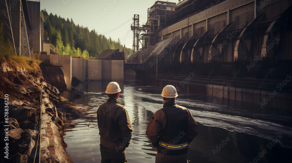 Engineers at hydroelectric power station inspection - obrazy, fototapety, plakaty 