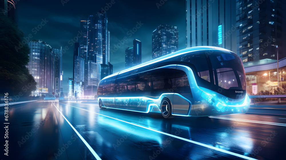 Futuristic electric bus in smart city at night