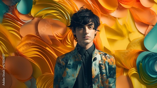 Gentleman on luxury colourful background   Beautiful fictional male  model in colorful stylish fashion clothes 