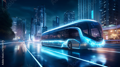 Futuristic electric bus in smart city at night © Matthias