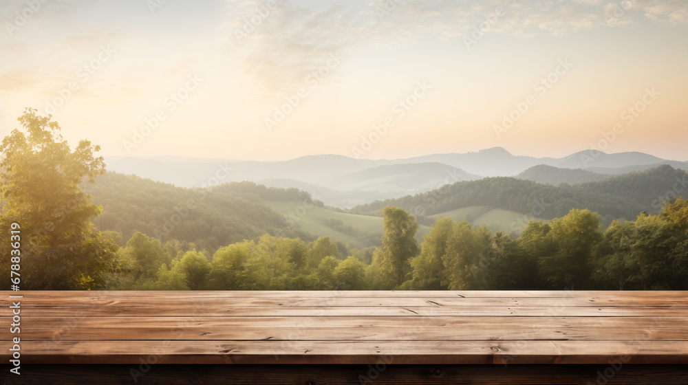 Table with green hills background