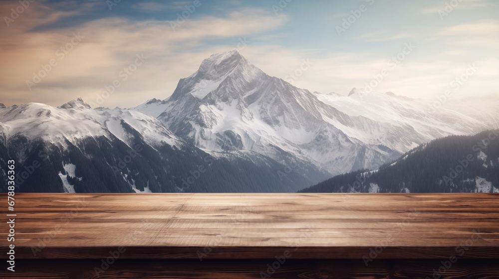 Table with a background of a mountain landscape Table with a background of a mountain landscape