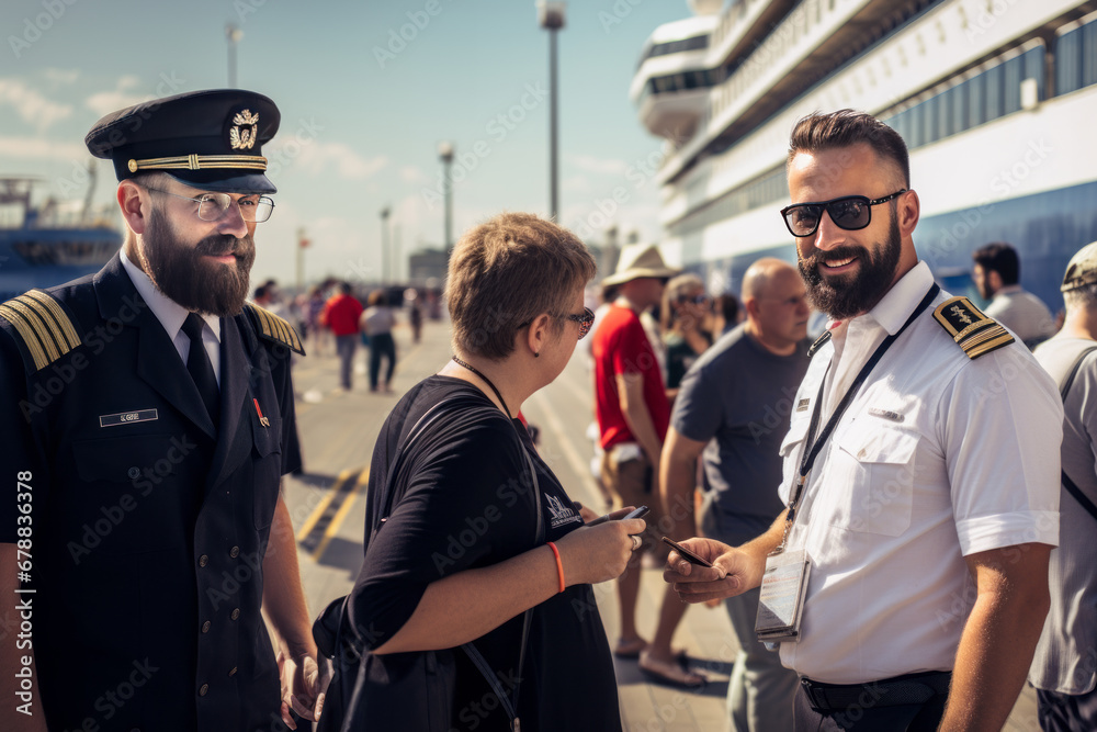 Cruise ship staff, smiling men in uniform, greet passengers at the port at the pier. - obrazy, fototapety, plakaty 