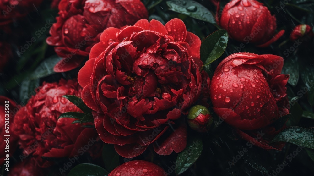 Beautiful red peonies with raindrops on the petals. Springtime Concept. Mothers Day Concept with a Copy Space. Valentine's Day.