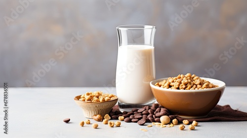 Still life of healthy breakfast. Chocolate vegan milk and cereals..

