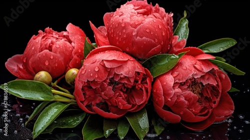 Beautiful red peonies with raindrops on the petals. Springtime Concept. Mothers Day Concept with a Copy Space. Valentine's Day. © John Martin