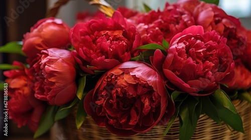 Beautiful red peonies with raindrops on the petals. Springtime Concept. Mothers Day Concept with a Copy Space. Valentine s Day.