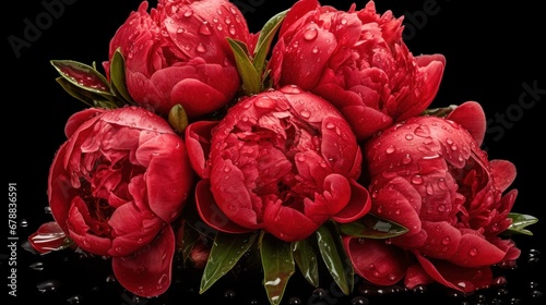 Beautiful red peonies on a black background with drops of water. Springtime Concept. Mothers Day Concept with a Copy Space. Valentine's Day. © John Martin