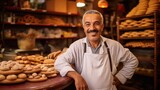 Wide shot portrait of smiling pastry shop owner standing in pastry shop in the souks of Marrakech.

