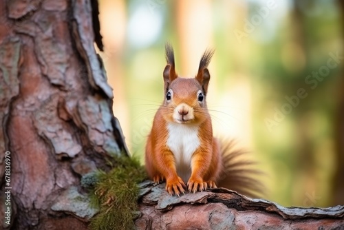 Red squirrel sitting on a branch in the forest © Lubos Chlubny