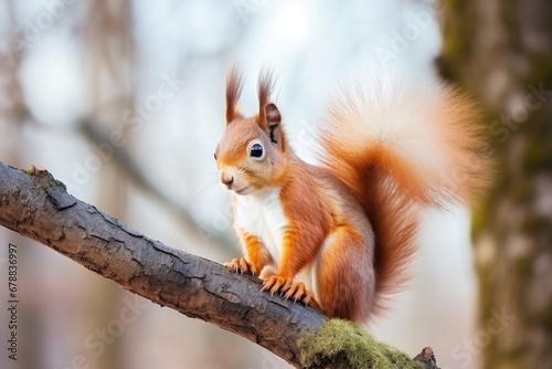 Red squirrel sitting on a branch in the forest © Lubos Chlubny