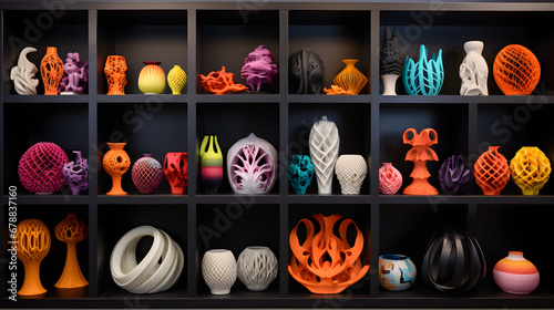 Colorful 3D printed objects on display photo