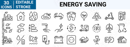 set of 30 line web icons Energy saving and efficiency. Green energy. renewable energy. ecology. Editable stroke.