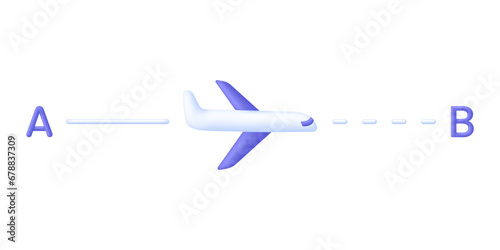 3D Plane flying over the world illustration. Airplane route illustration. Travel from A to B. Travel icon.
