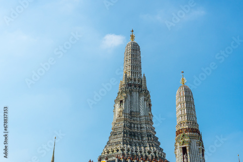 The visiting card of the capital of Thailand is the Buddhist temple Wat Arun  Temple of Dawn  which is located on the banks of the Chao Phraya River.
