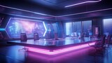 A neon-lit conference room with a central holographic display casting a futuristic glow on the polished surfaces.