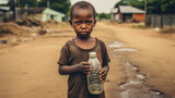 A little sad and thirsty African boy holds an empty water bottle in his hands