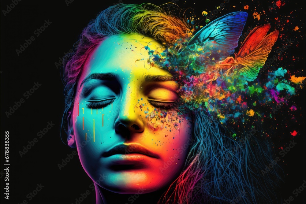 Portrait of a beautiful woman with colorful make-up and butterflies