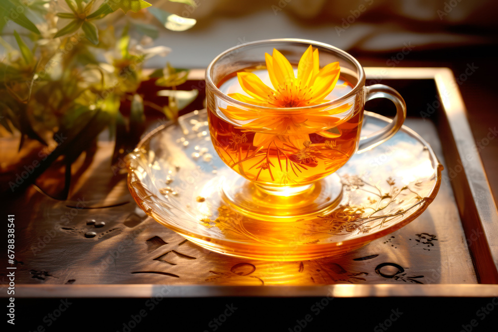 A glass of hot herbal tea on a saucer in a window sill next to a flower, A glass of hot herbal tea on a saucer in a window sill next to a flower,