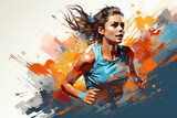 Illustrated woman running with splash of colors background