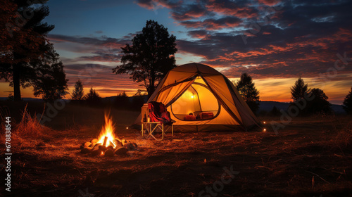 A tent by a campfire at dusk.