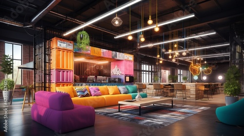 A neon-themed breakout area in a tech company's office, encouraging creativity and relaxation in equal measure.