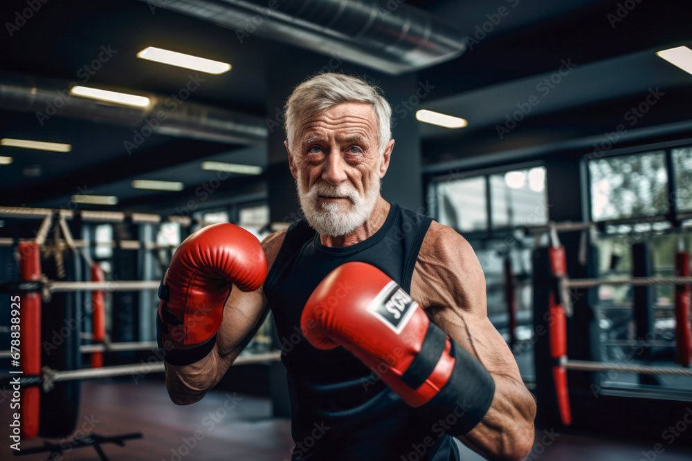 Portrait of senior man showcasing strength and resilience as a boxer, breaking stereotypes with confidence and vitality in his focused exercise routine. Never too old to train Portrait of senior man showcasing strength and resilience as a boxer, breaking stereotypes with confidence and vitality in his focused exercise routine. Never too old to train