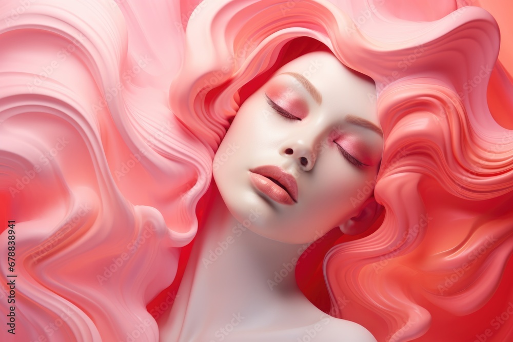 Portrait of a girl with her eyes closed from pleasure drowning in pink wavy lines.