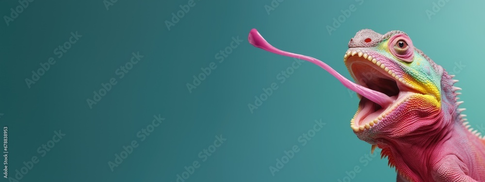 Fototapeta Advertising banner with funny pink chameleon with tongue sticking out in time to hunt on blue background with copy space.